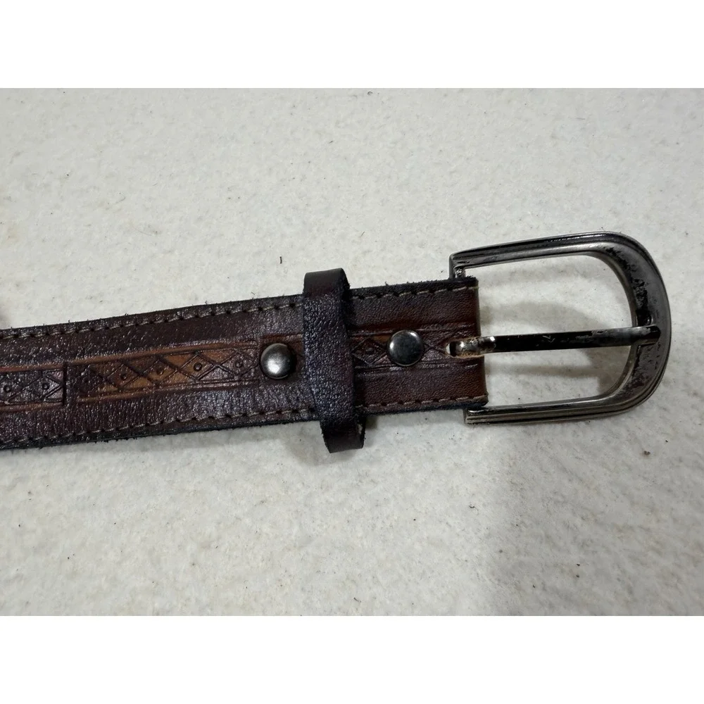 Vintage Leather Belt Western Tooled Brown Wool Inlay Boho Rustic 36